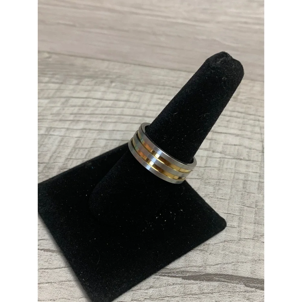 Mens Two Tone Silver Gold Band Ring Brushed Finish Modern Minimalist Sz 9.5 3418